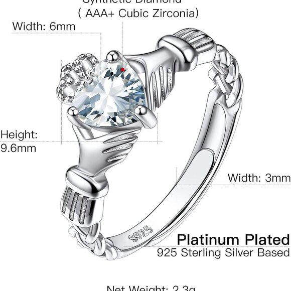 925 Sterling Silver Good Luck Celtic Twisted Knot/Claddagh Heart Birthstone Ring - Picture 7 of 7